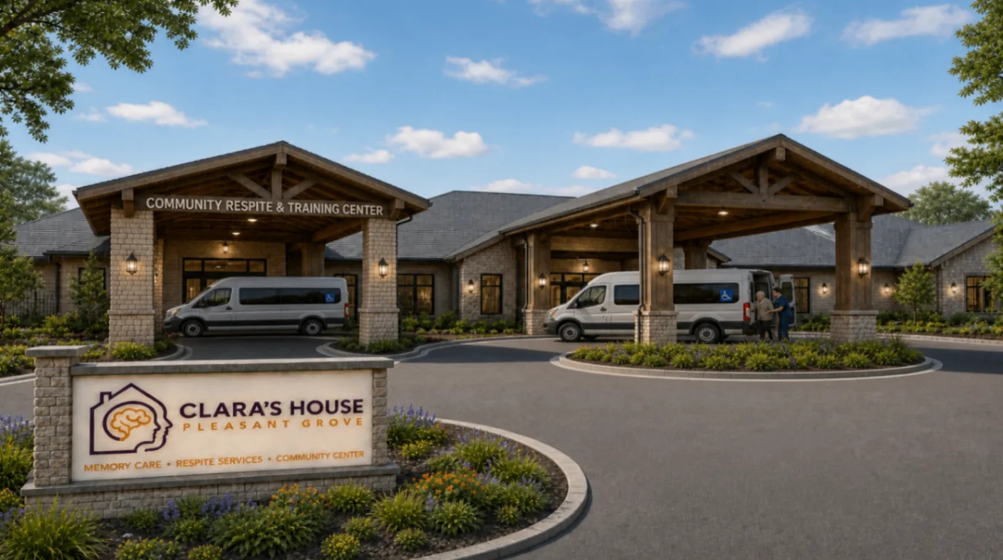Clara’s House Pleasant Grove community respite and training center, shown from the landscaped entrance