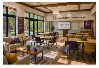 Community respite and training center interior with tables, lounge seating, and a presentation wall