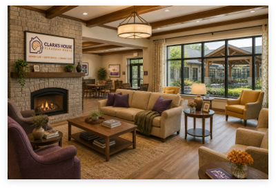 Living room with a fireplace, sofas, armchairs, and windows overlooking a courtyard
