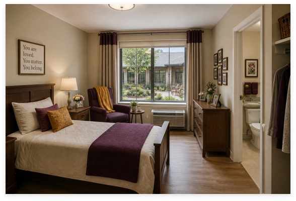 Private residential suite with a bed, sitting chair, dresser, and courtyard view