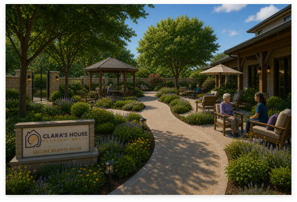 Respite patio with a garden path, covered seating, and outdoor chairs